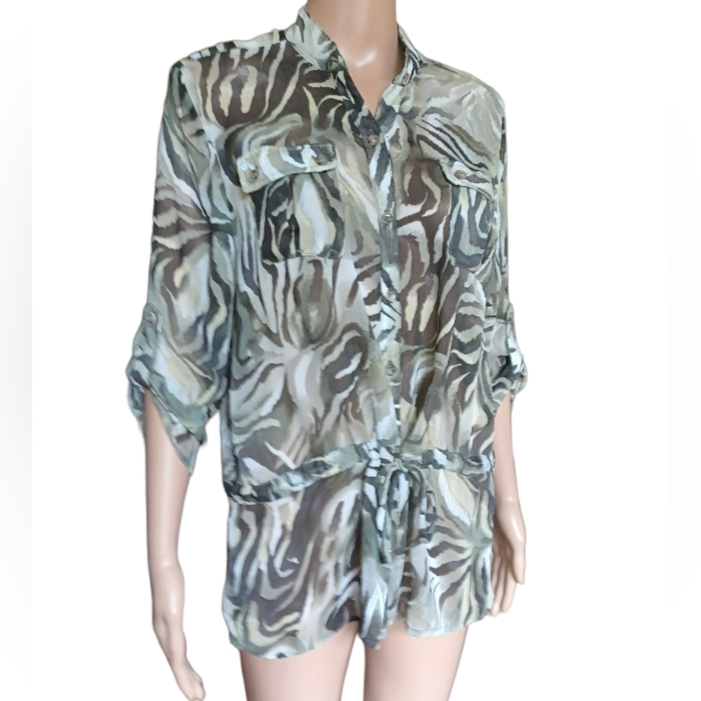 Chico's Womens 3/4 Sleeve Semisheer Jungle Top With Pockets Drawstring Small